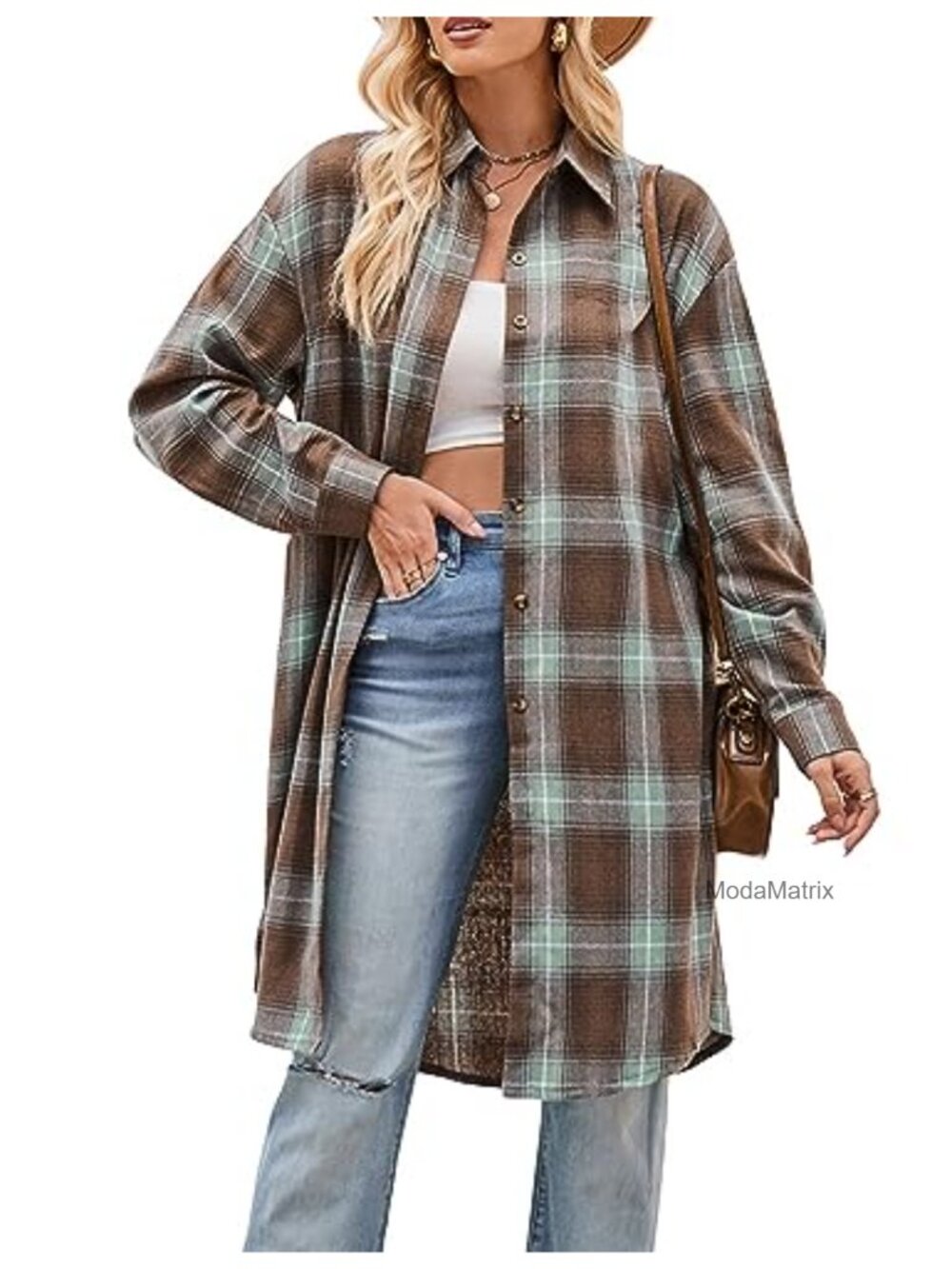 Oversized Mid Long Plaid Flannel Shirt Women Lapel Long Sleeve Check Blouse